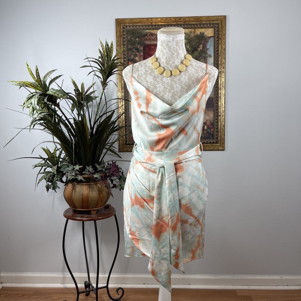 Selfie Leslie Woman Small Tie Dye Satin Cowl Neck Wrap Mini Dress White Peach